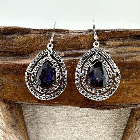 Teardrop Silver Tone Wavy Dangle Earrings Large Purple Rhinestone Small Black 2" - Picture 12 of 13